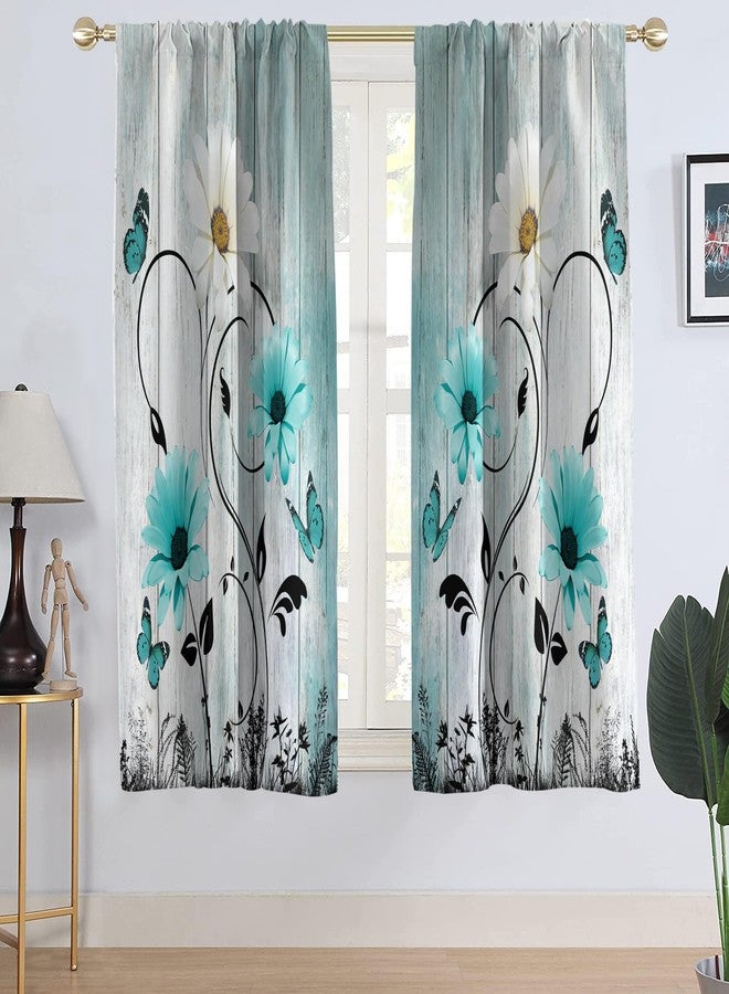 AAtter Teal Floral Window Curtain Turquoise Flower Farmhouse Rustic Country Aqua Blue Daisy Butterfly Living Room Bedroom Rod Pocket Drapes Treatment Fabric 1 Pair Home Decor, 42" W x 63" L, Vintage - Image 1